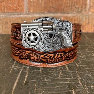 Western Belt Cowboy Rodeo Tooled Leather Removable Silver Buckle Sz 30-32